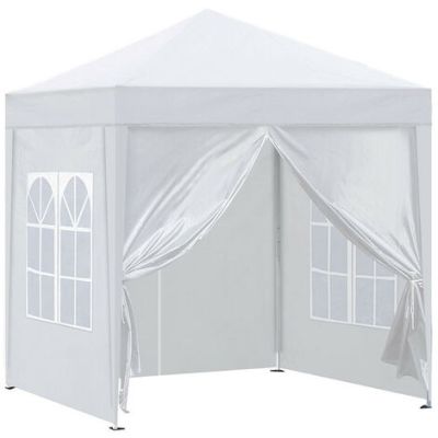 white canopy tent with curtains and windows on a white background