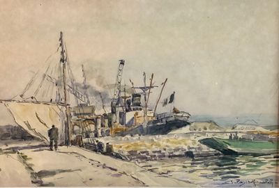 Ecole du XXe siècle Quai Aquarelle et crayon signé en bas à …