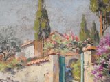 a painting of a house with a green door and flowers