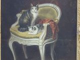 painting of a cat sitting on a chair with a kitten on it