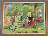 painting of a group of people in a park with a bird on the ground