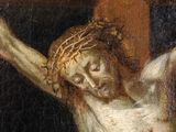 a painting of jesus on the cross with his hands up
