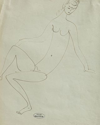 dessin représentant une femme nue assise par terre, les jambes croisées
