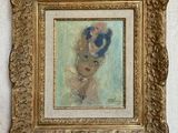 painting of a woman holding a dog in a gold frame