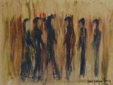 peinture d'un groupe de personnes marchant dans une rue avec des parapluies