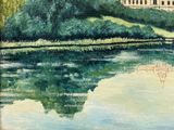 une peinture représentant un bâtiment situé sur une colline au bord d'un plan d'eau