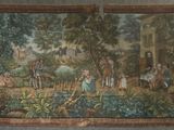 tableau représentant une scène de jardin avec des personnages et des animaux au premier plan