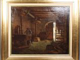 une peinture à l'huile représentant un homme dans un atelier en compagnie d'un chien