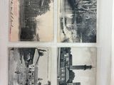 several black and white photographs of a building and a river