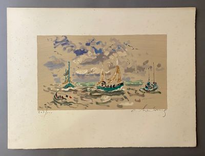 une image d'un tableau représentant un bateau sur l'eau