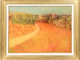 une peinture à l'huile représentant un champ traversé par un chemin