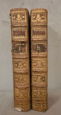 paire de livres anciens reliés en cuir, ornés de motifs dorés et noirs