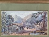 painting of a village scene with a horse drawn carriage in the foreground and a mountain range in the background