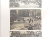 four pictures of people riding horses in a park