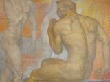 a painting on the wall of a building with a painting of a man and a woman