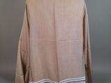 the back view of a beige jacket with blue stripes on it