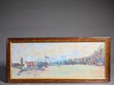 framed oil painting of a farm scene with a red barn in the foreground