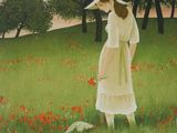 a painting of a woman walking through a field of flowers