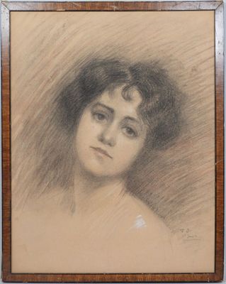 portrait of a young woman in profile, in a wood frame