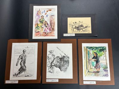 J. MANUEL (XXème) - Trois dessins à la plume et deux à l'aqu…