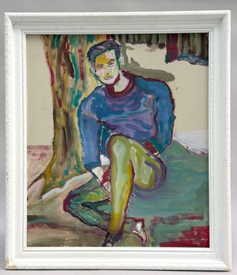 tableau représentant une femme assise sous un arbre, dans un cadre blanc