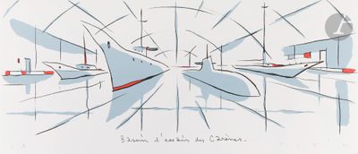 a drawing of a boat in a harbor with other boats in the water