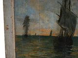 a painting of two ships in the water with a sky background