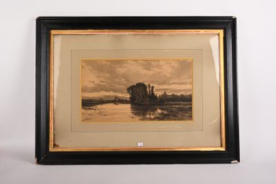 peinture d'un paysage avec une rivière et un château au loin