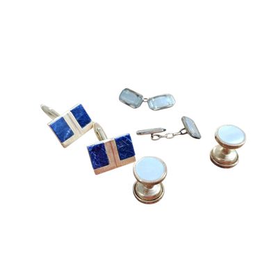 three pairs of cufflinks with blue and white enamel