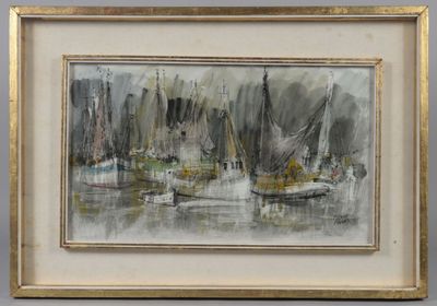 an image of a painting of a harbor scene with boats in the water