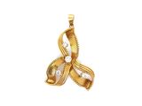 a close up of a gold and diamond pendant on a white background