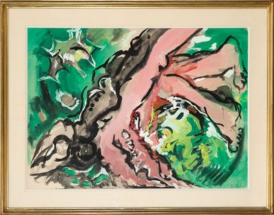 tableau représentant une femme en robe rose et un homme en costume vert