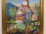 une peinture à l'huile représentant une église dans un champ avec des arbres