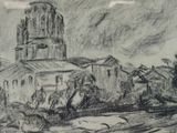 dessin représentant une église avec un clocher en arrière-plan