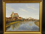 une peinture à l'huile représentant une rivière avec une église en arrière-plan