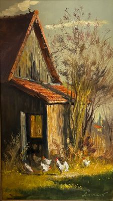 un tableau représentant une grange avec des poules devant
