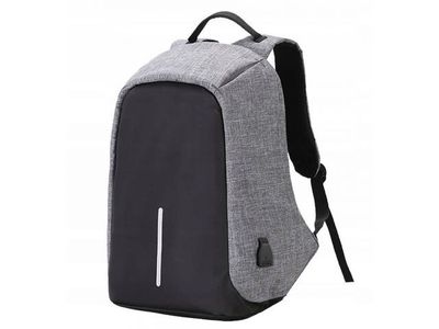 a grey backpack with black straps and a zipper closure