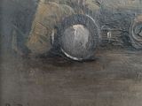 an oil painting of a baseball glove and a ball on a table