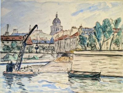 peinture d'un bateau sur un plan d'eau avec un bâtiment en arrière-plan