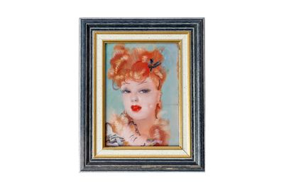 tableau représentant une femme aux cheveux roux avec un oiseau sur la tête