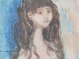 painting of a nude woman with long hair and a blue background