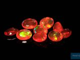 quelques oplites rouges et jaunes en forme de flammes posées sur une surface noire