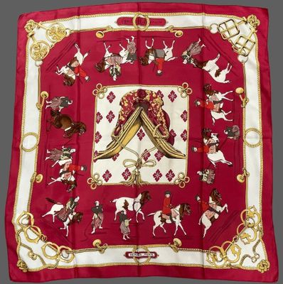 an image of a red and white square scarf with horses
