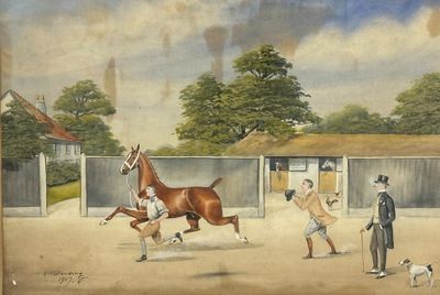 painting of a horse and a man with a dog in a stable