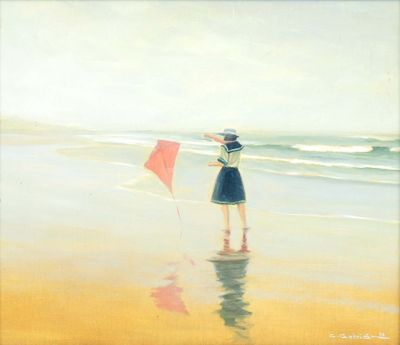 un tableau représentant une femme debout sur la plage avec un cerf-volant