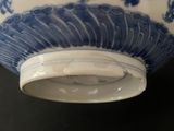 a blue and white bowl with a fan design on it