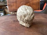 a stone head sitting on top of a wooden table