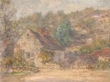 une image représentant un tableau dépeignant une scène de vie à la ferme avec un cheval et une calèche
