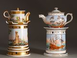two vases that have been painted with boats on them