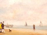 un tableau représentant des personnes sur la plage, avec des bateaux en arrière-plan